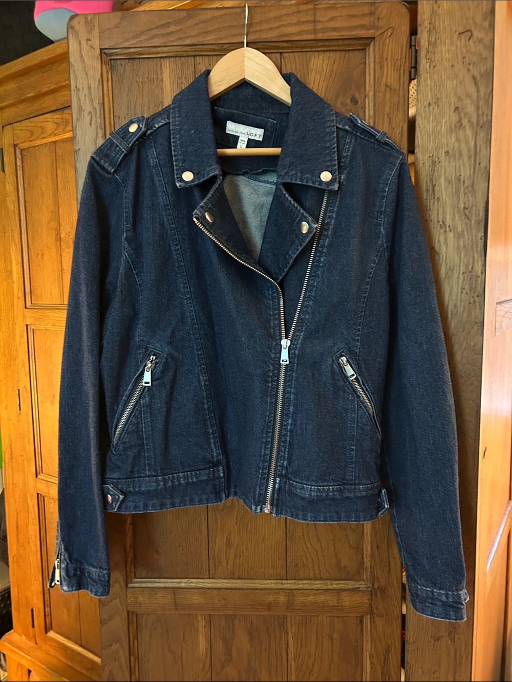 LOFT Dark Blue Denim Moto Jacket with Silver Hardware